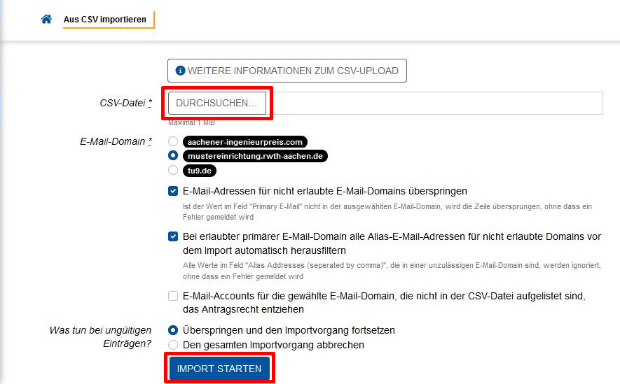Aus CSV importieren Menü Aus CSV importieren Menü