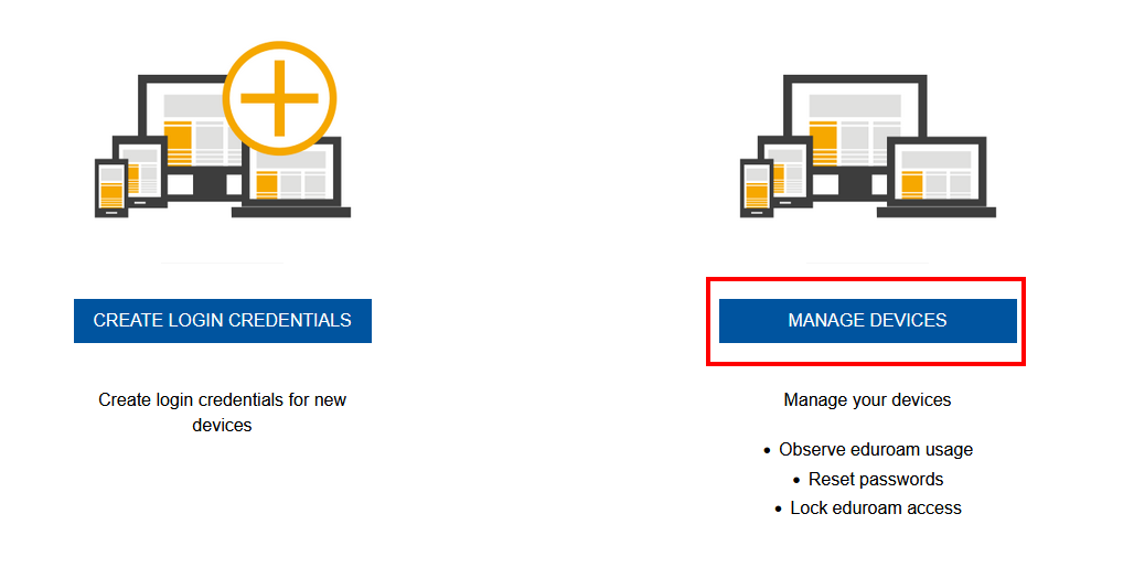 Screenshot of the start page of the Devicemanager. There are two buttons: Generate login credentials and Manage devices.
