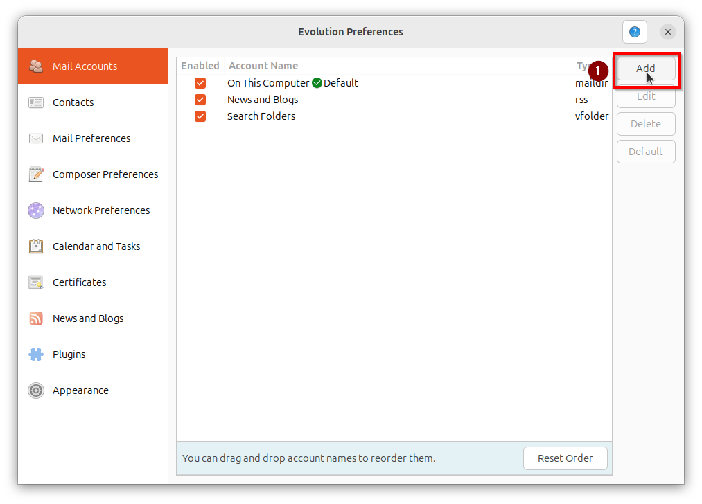 Screenshot of the ‘Evolution settings’ window with ‘Add’ marked in the top right-hand corner.