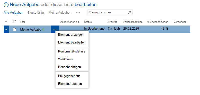 Aufgaben-Kontextmenü Aufgaben-Kontextmenü