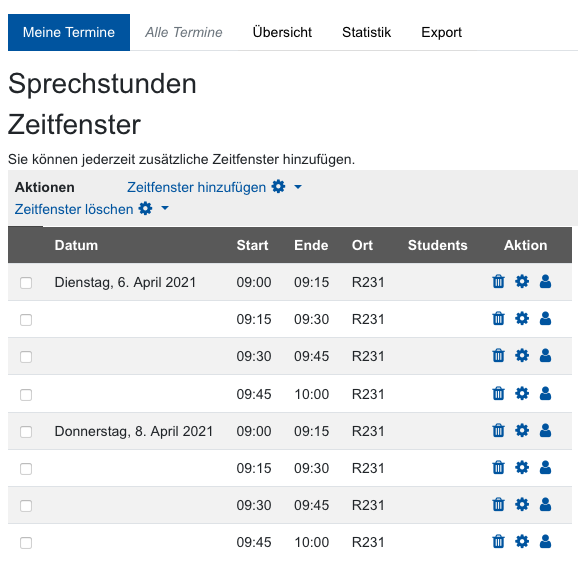 Übersicht über alle Termine Dieses Bild zeigt die Übersicht über alle Termine.