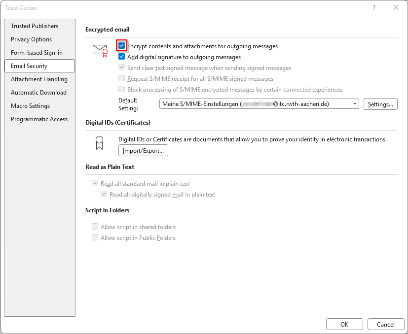 Dialog box Trust Center. The content is described in the preceding text.