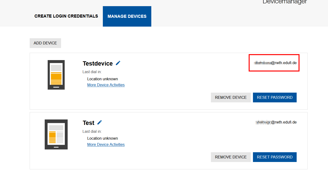 Screenshot of the device management. The username is read out after the link to “More device activities”.