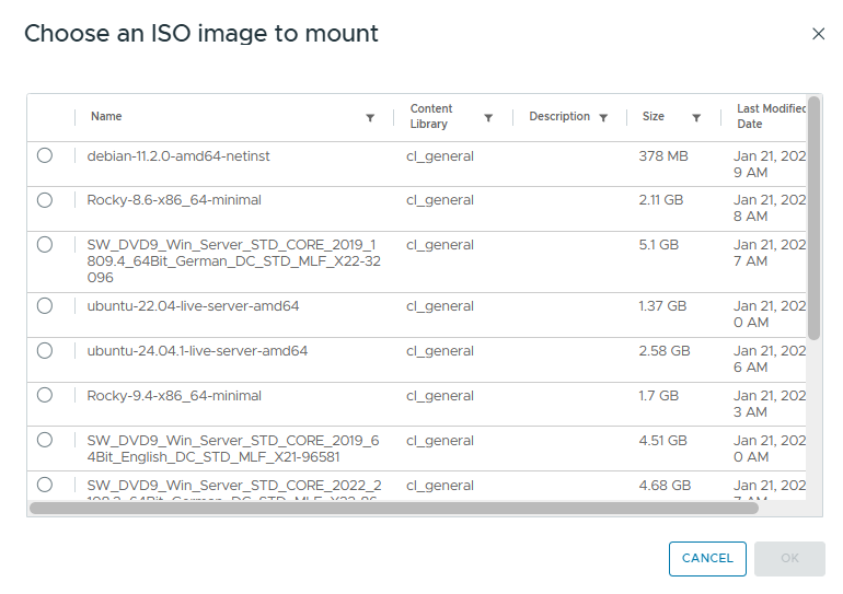 A screenshot of the vCenter interface showing a list of ISO images.