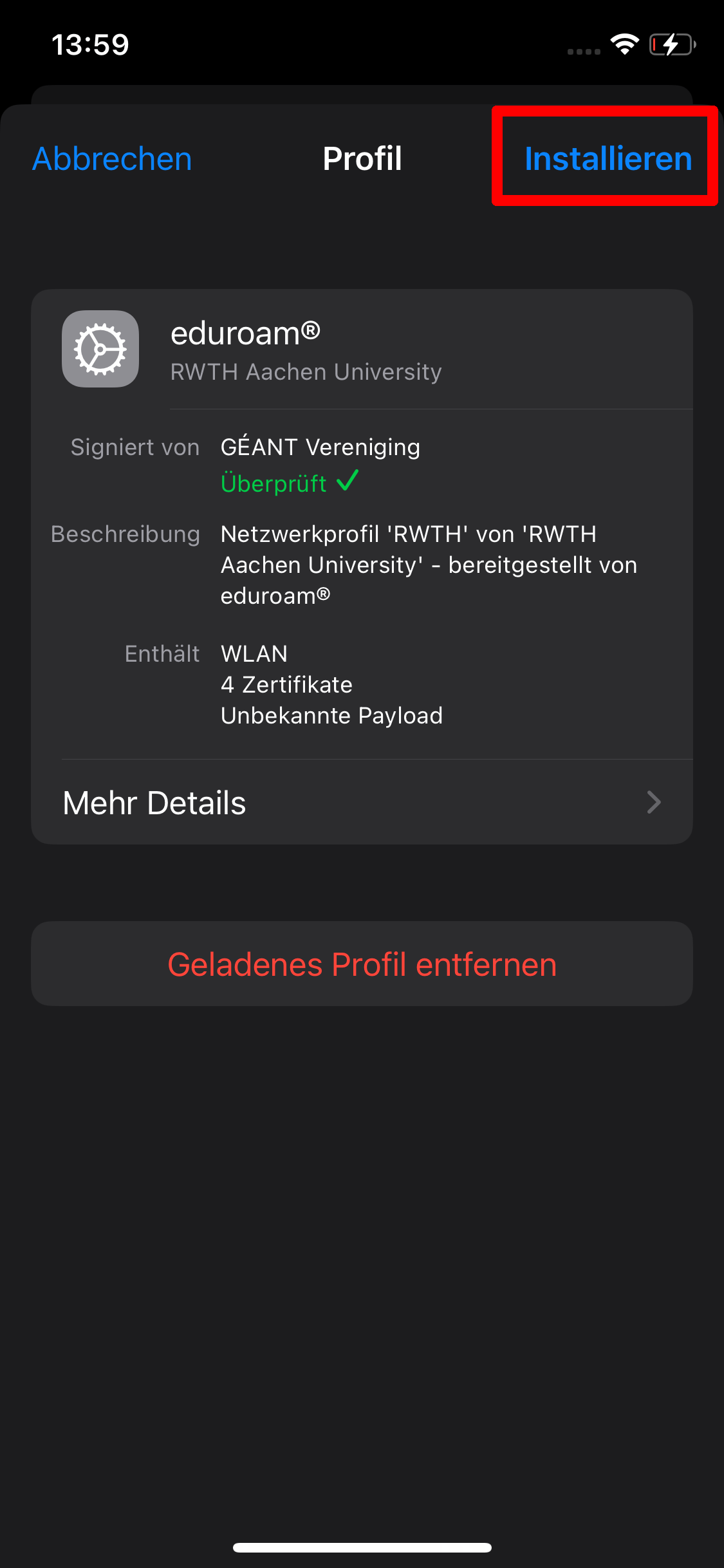 Screenshot des eduroam Profils. Der Name des Profils ist eduroam RWTH Aachen University. Die Signatur, die Beschreibung und der Inhalt des Profils werden angezeigt. Weitere Informationen erhalten Sie unter "Weitere Details".