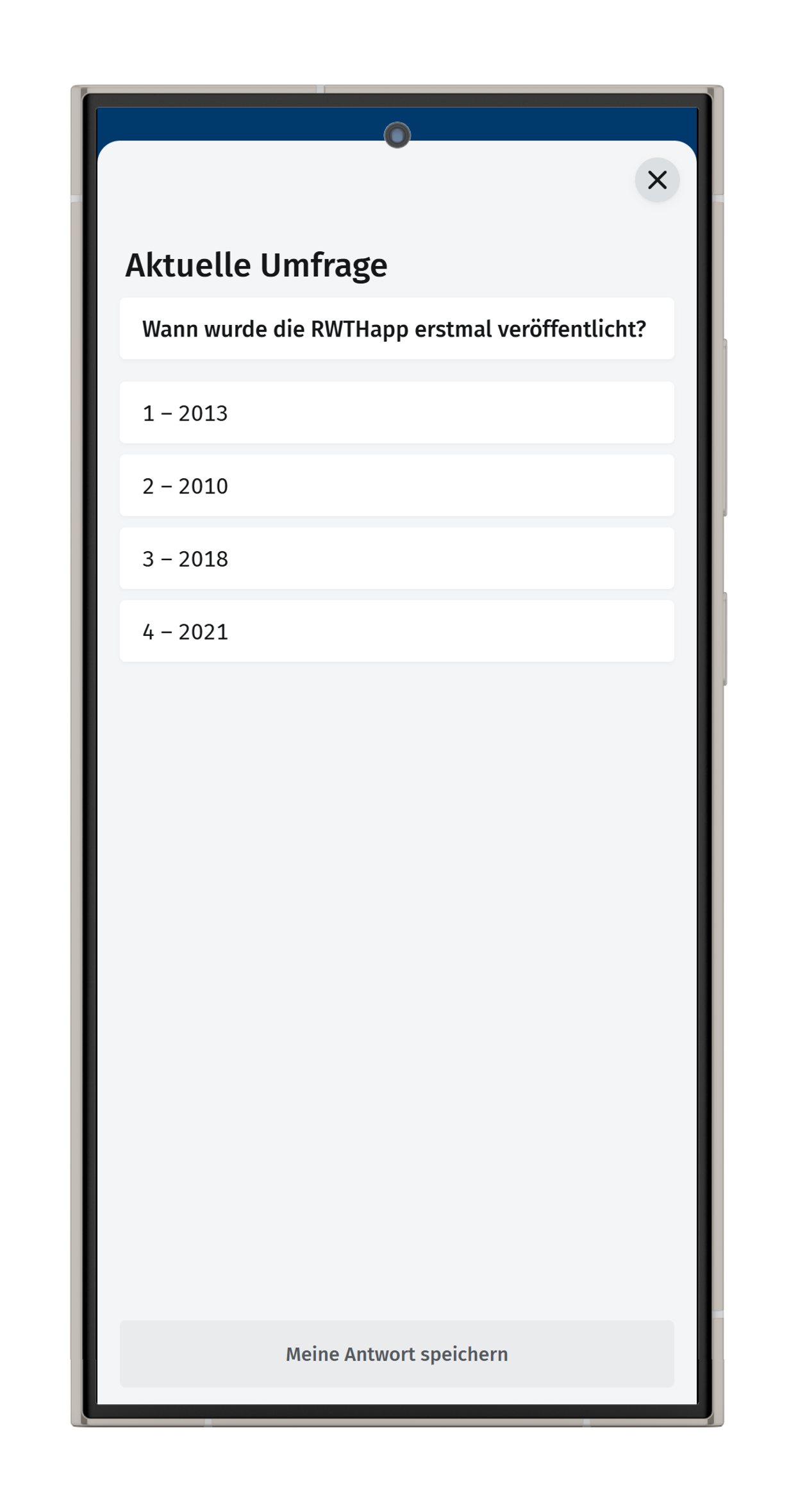 Screenshot der Umfrage in RWTHapp. Unter der Frage und den Antwortmöglichkeiten befindet sich der Button "Meine Antwort speichern".