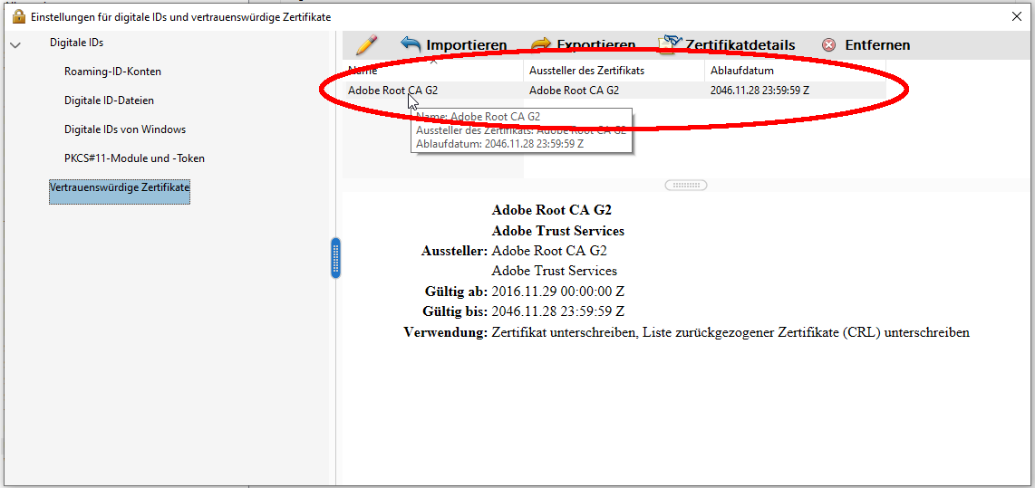 Dialogmenü Einstellungen für digitale IDs und vertrauenswürdige Zertifikate Dialogmenü Einstellungen für digitale IDs und vertrauenswürdige Zertifikate