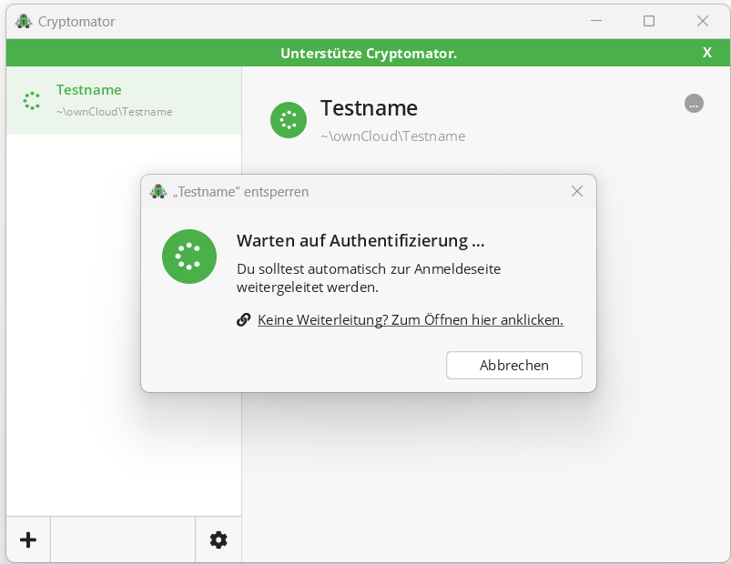 Screenshot of the ‘Unlock vault’ window.
