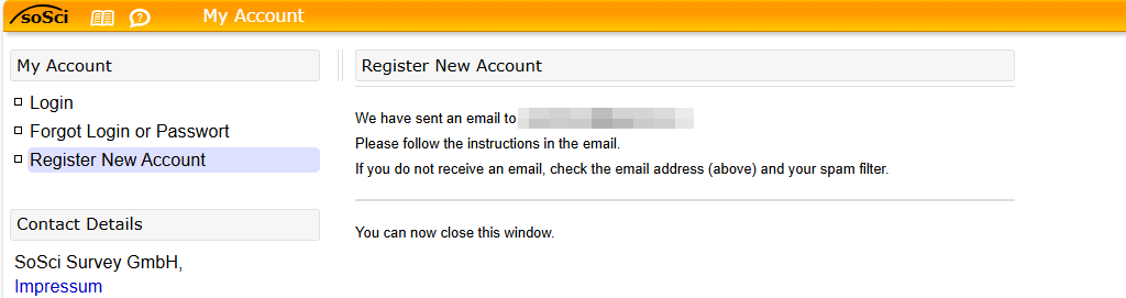 Screenshot of the registration form. A message will appear informing you that an email has been sent to your email address. You can now close the registration form.