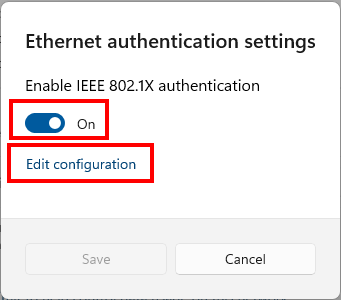 Screenshot of the "Ethernet Authentication Settings" pop-up window. The items described in steps 6 and 7 can be found under " Enable IEEE 802.1X Authentication".