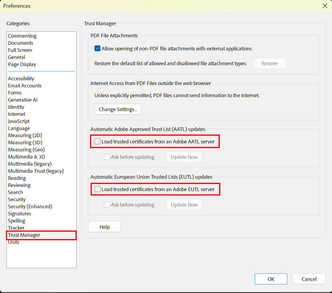Konfiguration Vertrauensdienste Screenshot of the Preferences. Below Categories is a list of settings. Trust Manager is located between Tracker and Units. The two checkboxes are the third and fourth items in the Trust Manager.