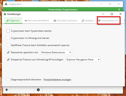 Screenshot des Fensters "Einstellungen" auf dem oben rechts der Reiter "Unterstütze uns" markiert ist.