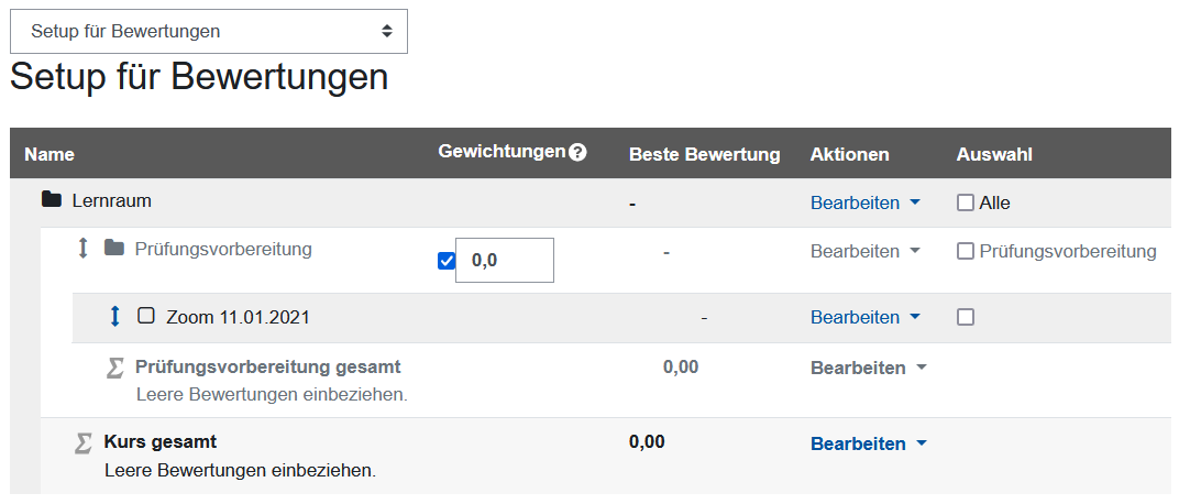 Screenshot: Bewertungsaspekt sichtbar in Setup für Bewertungen