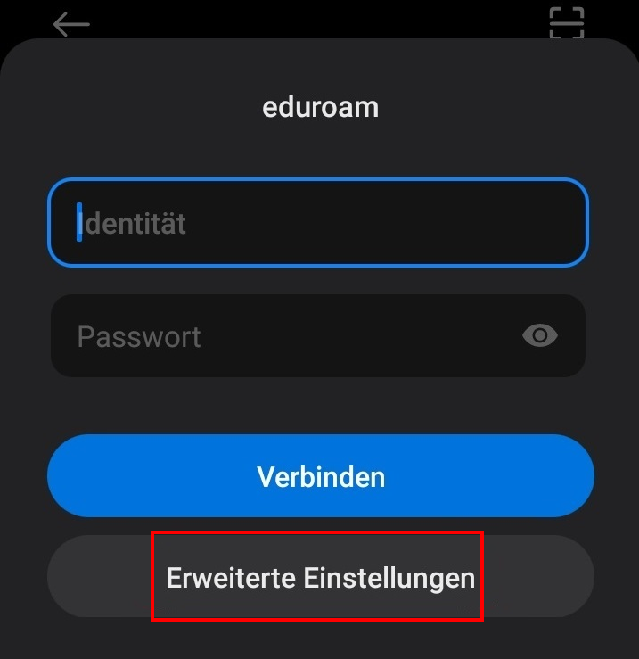Screenshot des Popup-Fensters eduroam. Die Schaltfläche Erweiterte Einstellungen befindet sich unter der Anmeldemaske und der Schaltfläche Verbinden. (Die Darstellung kann je nach Handymodell variieren).