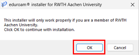 Screenshot of a pop-up window in the installer. The message reads "This installer will only work properly if you are a member of RWTH Aachen University".