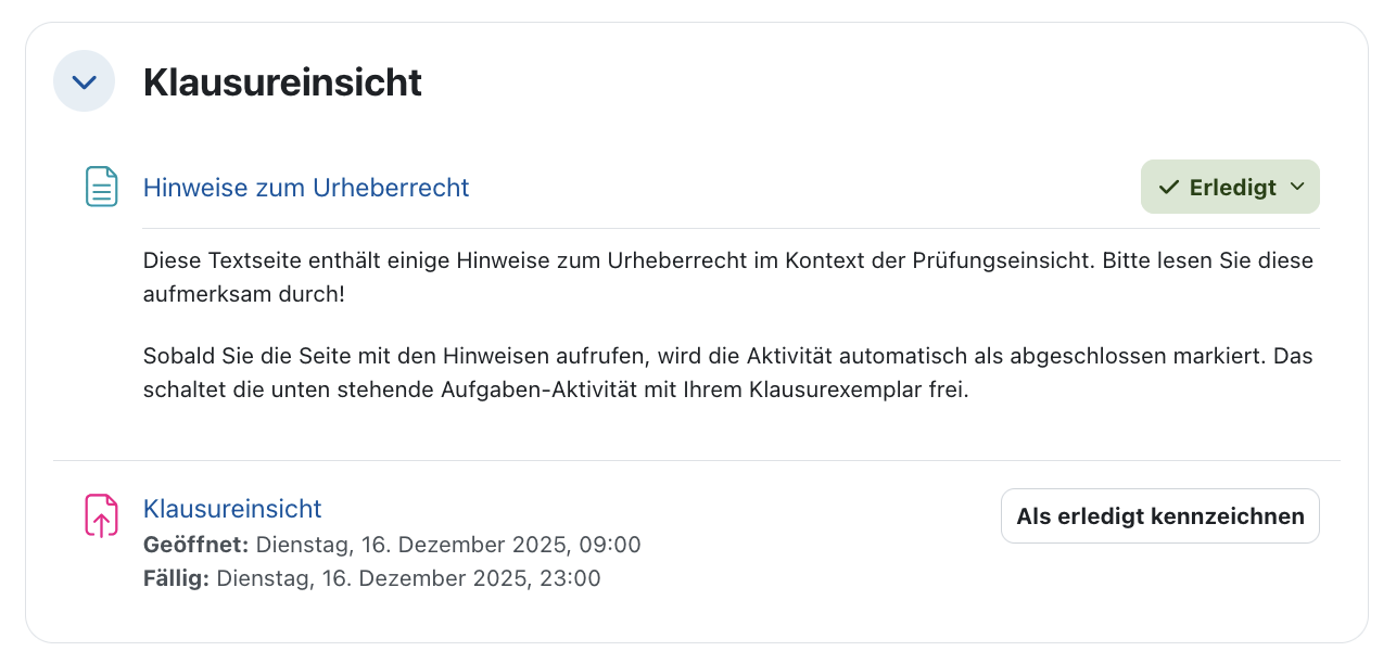 Screenshot: Hinweise zur Klausureinsicht. "Hinweise zum Urheberrecht" ist als "Erledigt" gekennzeichnet. 