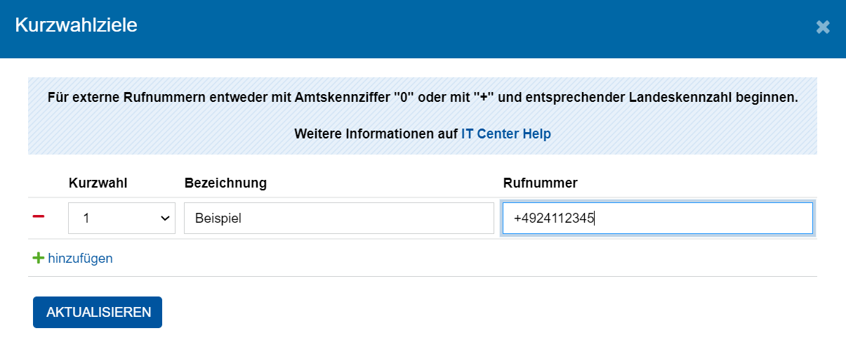 Kurzwahlziel eingeben