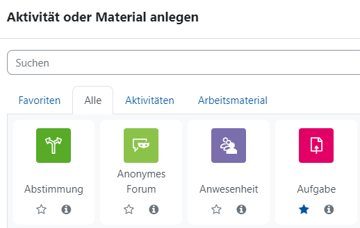 Aktivitätenauswahl Der Screenshot zeigt eine Teil der Aktivitätenauswahl mit einer kleinen Auswahl an Aktivitäten. Unter der Überschrift "Aktivität oder Material anlegen" ist ein Suchfeld zum Filtern der verfügbaren Elemente. Darunter sind vier Karteireiter zu erkennen, "Favoriten", "Alle", "Aktivitäten" und "Arbeitsmaterial". Der Reiter "Alle" ist ausgewählt, hier sind beispielhaft die Aktivitäten "Abstimmung", "Anonymes Forum", "Anwesenheit" und "Aufgabe" zu sehen, die ausgewählt werden können.