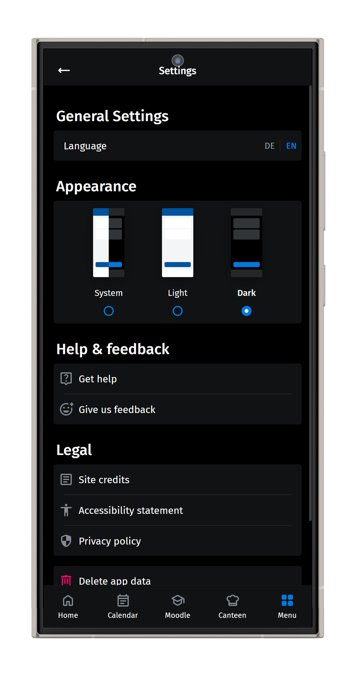 Screenshot of the general settings in dark mode. 