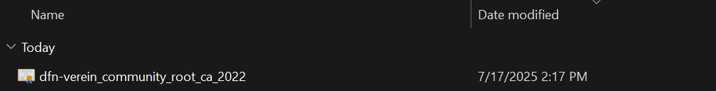 Screenshot of the file in the download folder. Its name is "dfn-verein_community_root_ca_2022.crt."