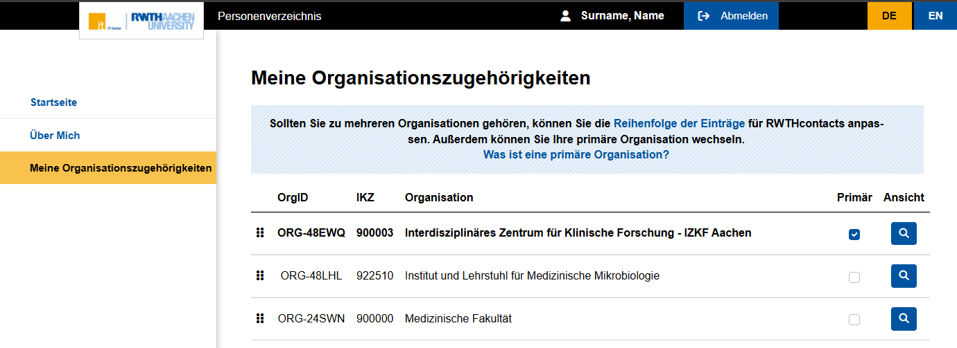 Ein Screenshot des Bereichs Meine Organisationszugehörigkeiten. Der Bereich enthält eine Liste mit drei Organisationen. Jeder Eintrag enthält die OrgID, die IKZ und den Namen der Organisation, sowie eine Checkbox und ein Symbol für Detailansicht.