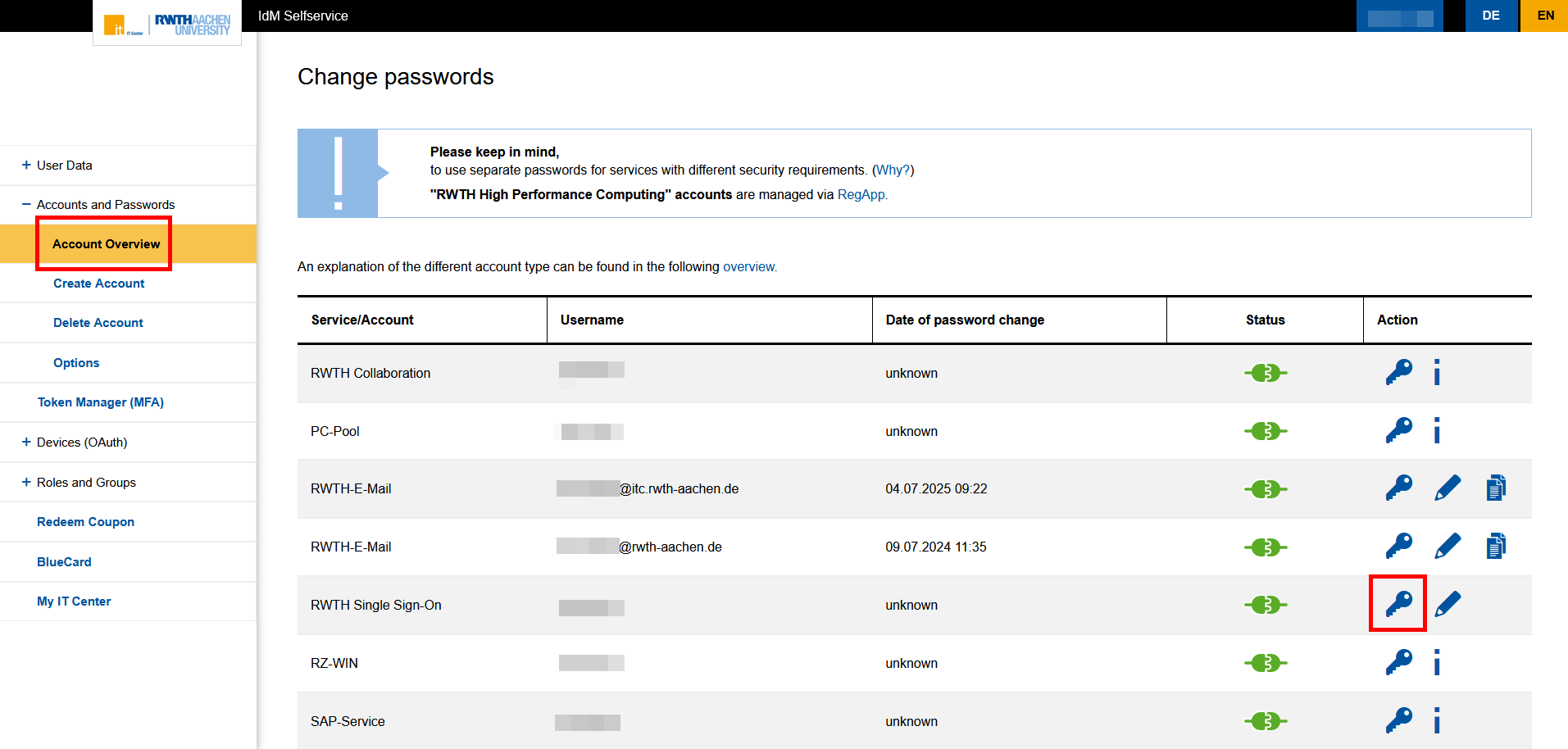 Screenshot of the Account overview page. The page is called "Change password". The services are listed in a table. The "Action" column is the fifth and last column. If several icons are listed under Action, the key icon is always the first one.