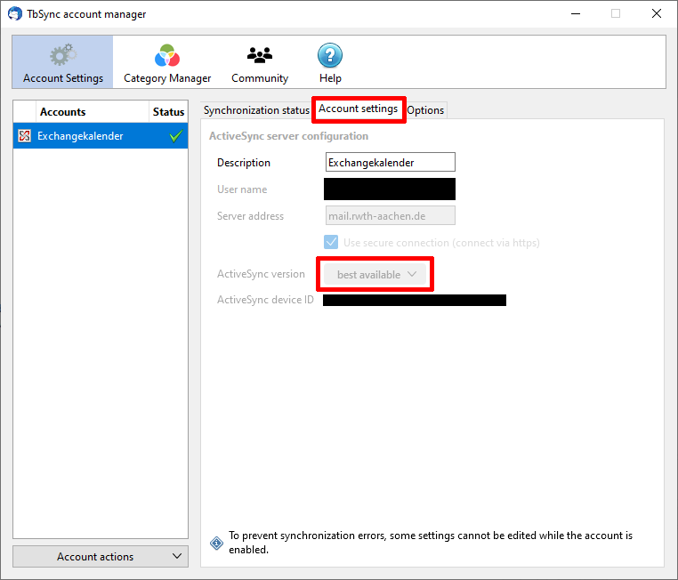 How to change the ActiveSync version (if required) Screenshot of the Account settings window under TbSync account management, which graphically displays the selection of options from step 6.