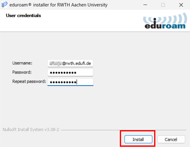 Screenshot of the installer. Under "User credentials" you have to enter your username (ends with @rwth.edufi.de), your password and repeat your password. Below that is the "Install" button.