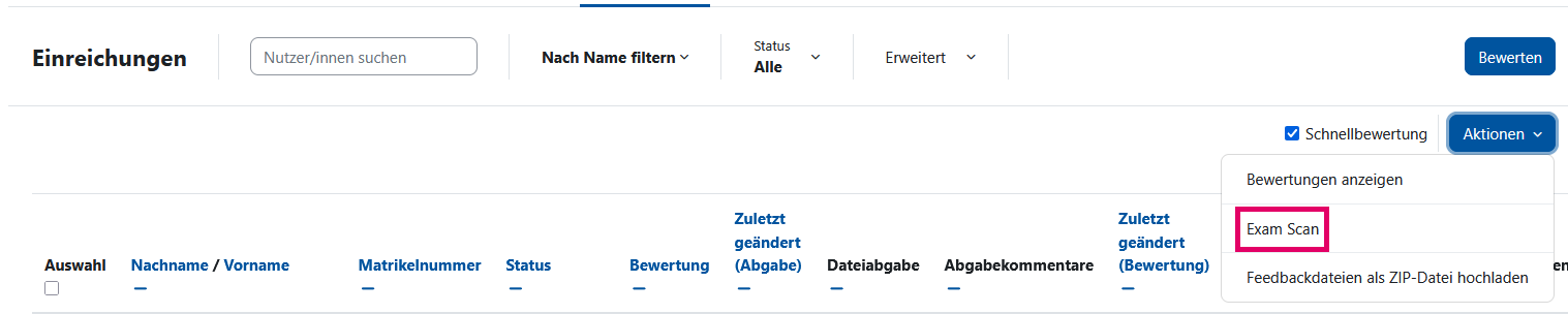 Screenshot: Liste der Einreichungen mit geöffnetem Drop-down-Menü "Aktionen". Die Option "Exam Scan" ist markiert.