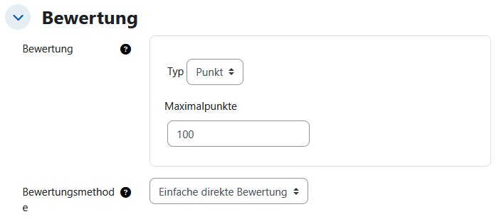Screenshot: Bewertung mit den Konfigurationsoptionen "Bewertung", dort "Typ" und "Maximalpunkte", sowie "Bewertungsmethode".