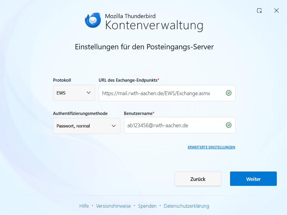 Einstellungen für den Posteingangs-Server
