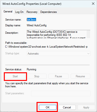Screenshot of the Wired AutoConfig Properties (Local Computer) window in the General tab. The service status is located below the startup type.