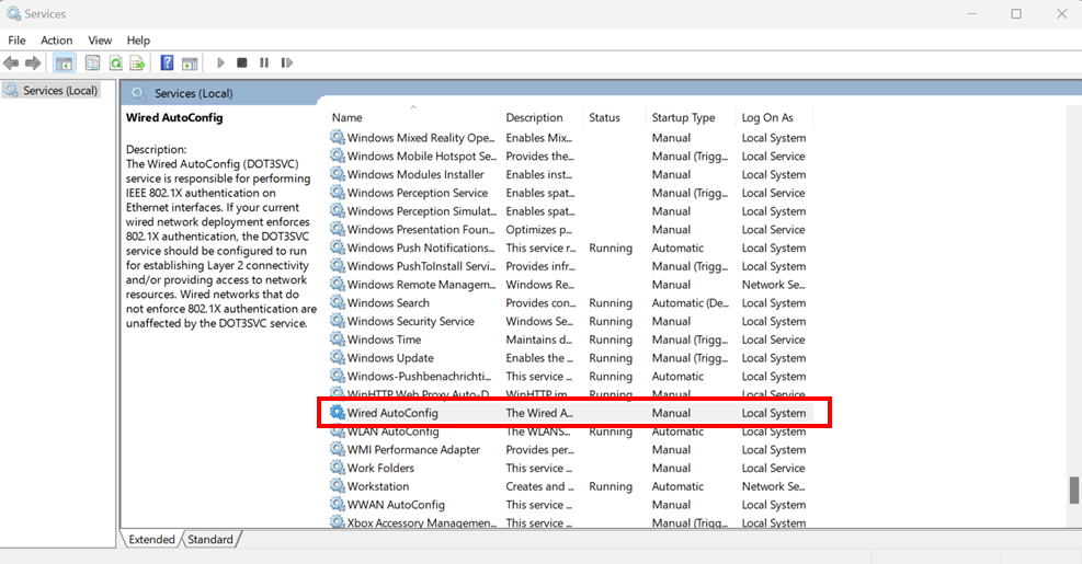 Screenshot of the Services application. Services are listed alphabetically. "Wired AutoConfig" is located between WinHTTP Web Proxy and WLAN Autoconfig.