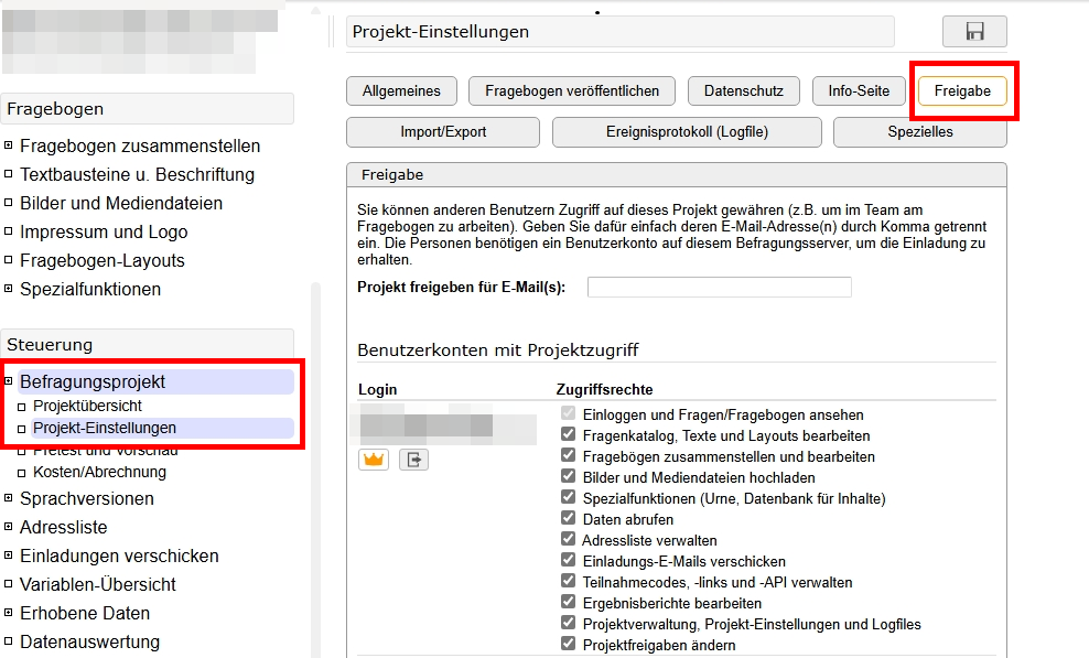 Screenshot der Projekteinstellungen, Reiter "Freigabe". Unter "Freigabe erzeugen für" können Sie den Benutzernamen eines anderen Nutzers angeben.