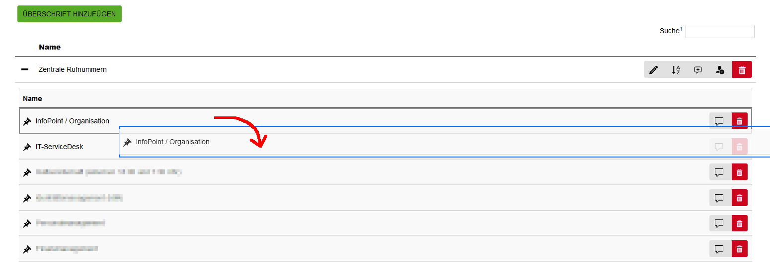 Screenshot der Überschriften-Übersicht in dem exemplarisch das Drag and Drop Verfahren dargestellt wird.