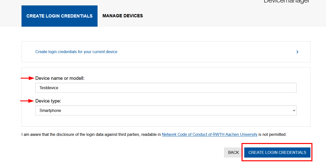 Screenshot of the Generate login data tab. Instead of “Create login data for another device”, a text field is displayed under Device name or model and a drop-down menu under Device type.
