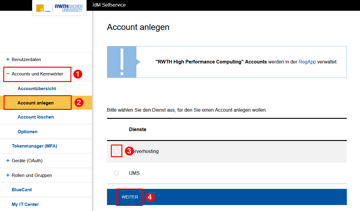 Screenshot des IdM Selfservices. Im Menü befindet sich der aufklappbare Bereich "Accounts und Kennwörter". "Account anlegen" ist das zweite Element in diesem Bereich. Die Seite ist in Schritt 4 beschrieben.