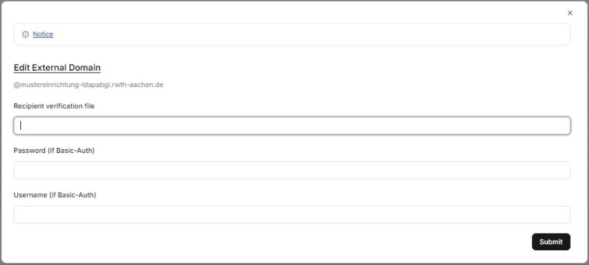 Window "Edit external domains": recipient verification file, password, and username are requested one below the other.