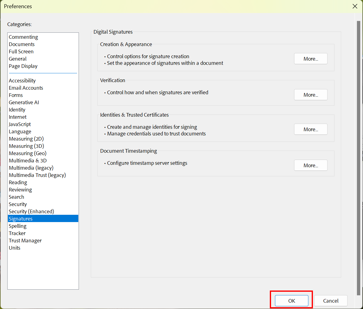 Close Settings Screenshot of the Preferences. OK is located next to the Cancel Button.
