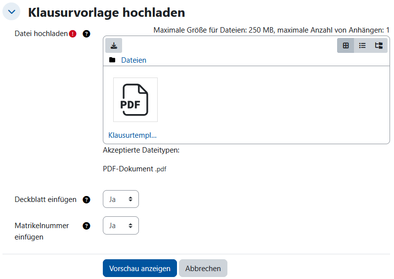 Screenshot der Uploadseite für Exam Scan. Im Uploadfeld für die PDF-Datei ist eine Datei hochgeladen. Die Optionen für Deckblatt und Matrikelnummer einfügen sind auf "ja" gesetzt.