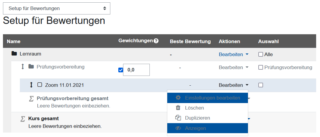 Screenshot: Bewertungsaspekt sichtbar schalten