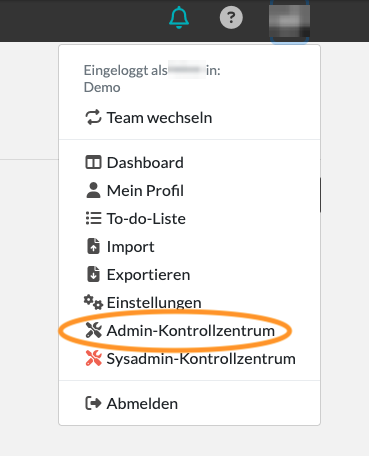 Screenshot des Benutzermenüs. "Admin-Kontrollzentrum" ist nach "Einstellungen" aufgelistet.