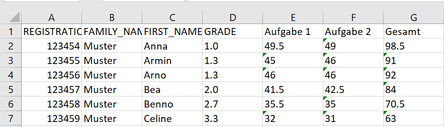 Importierte Datei mit Noten (CSV) Screenshot: Importierte Datei mit Noten (CSV)