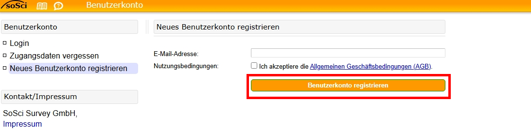 Screenshot des Registrierungsformulars. Im Abschnitt "Ihre E-Mail-Adresse" können Sie diese eingeben. Darunter können Sie die Nutzungsbedingungen akzeptieren und dann "Benutzerkonto registrieren" auswählen.