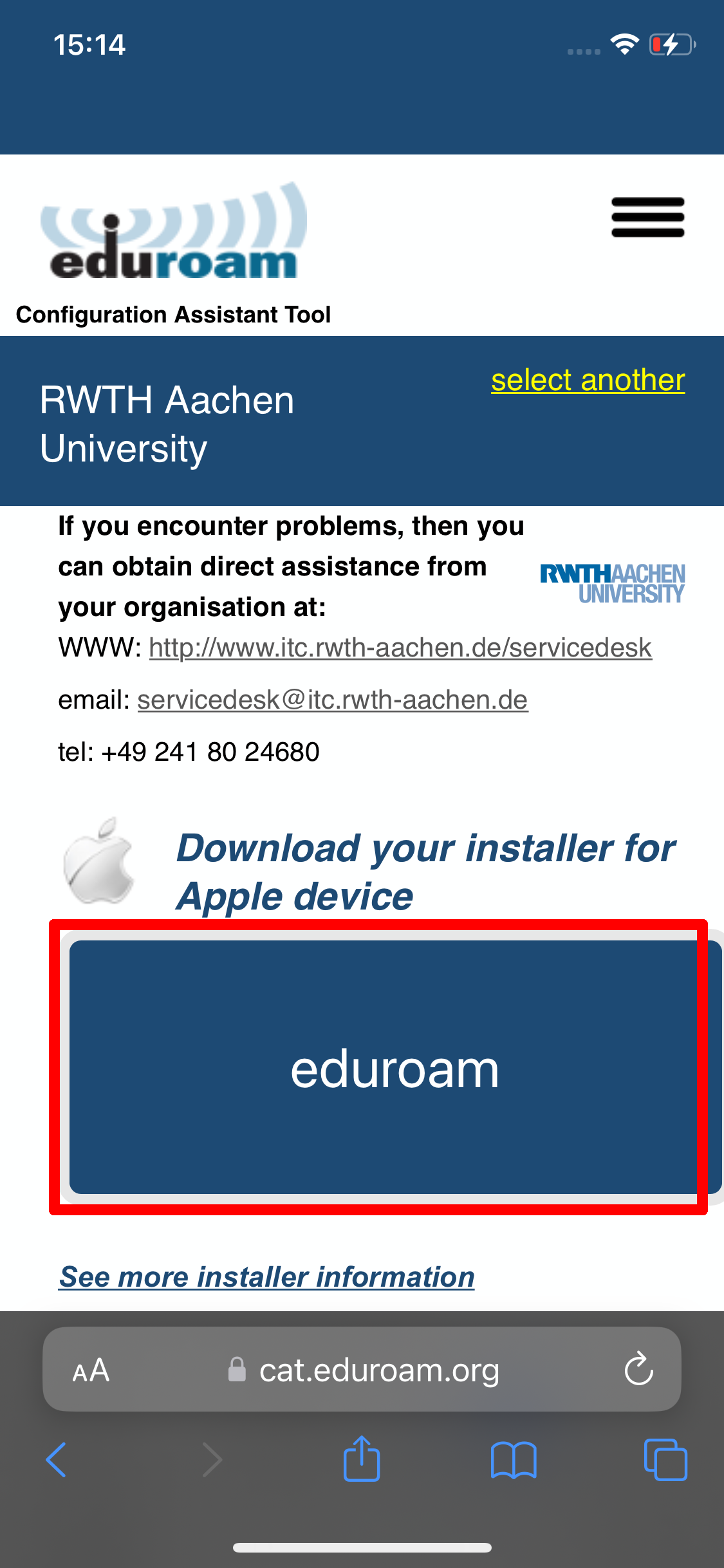 Screenshot of the CAT website. "RWTH Aachen University" isdisplayed. The ServiceDesk contact details are then displayed, followed by the "eduroam" button.