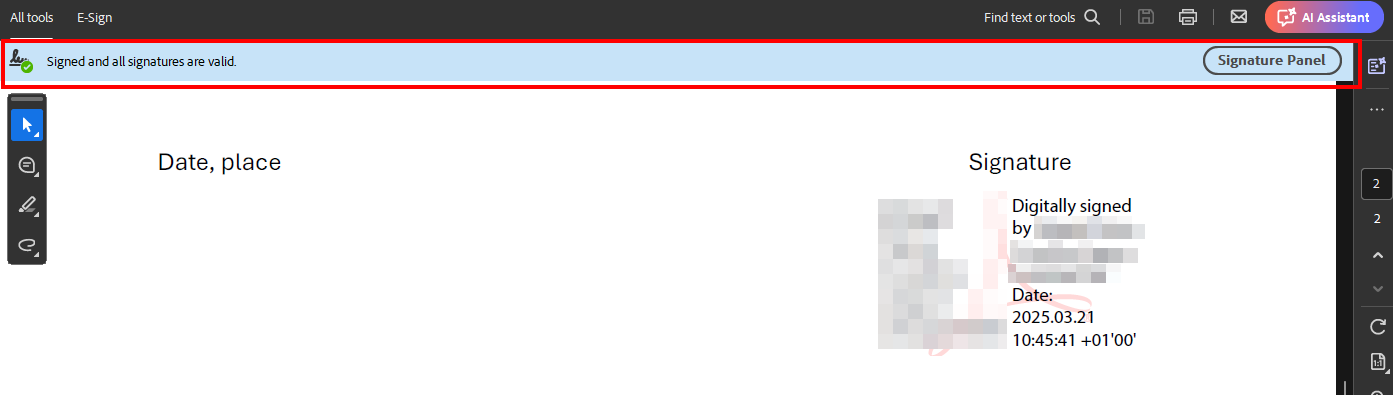 Abbildung der Adobe elektronischen Unterschrift Screenshot of a signed document. The banner is displayed under the tool bar.