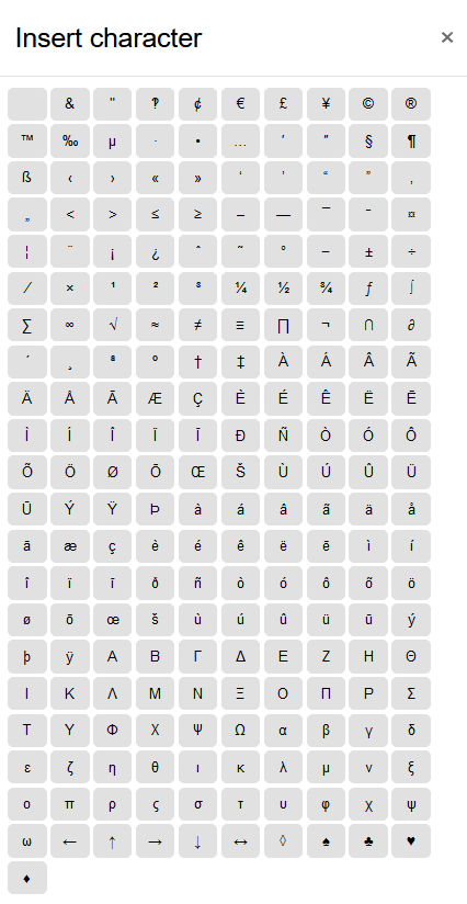 "Insert character" icon The screenshot shows the "Insert character" window. 211 buttons with special characters are arranged in rows of ten below each other.