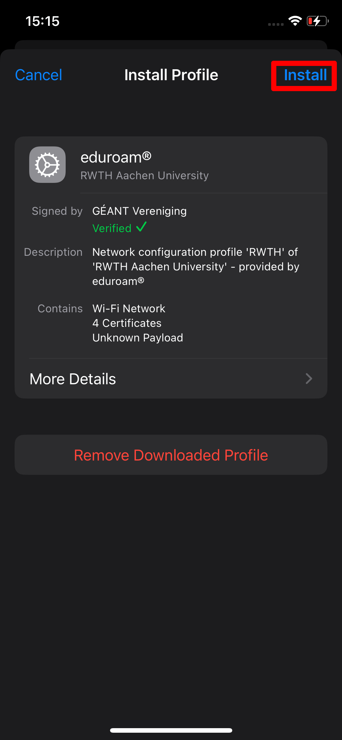 Screenshot of the eduroam profile. The profile name is eduroam RWTH Aachen University. The signature, description and content of the profile are displayed. More information can be found under "More details".