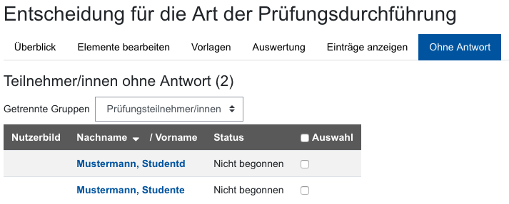 Screenshot Liste ohne Antwort