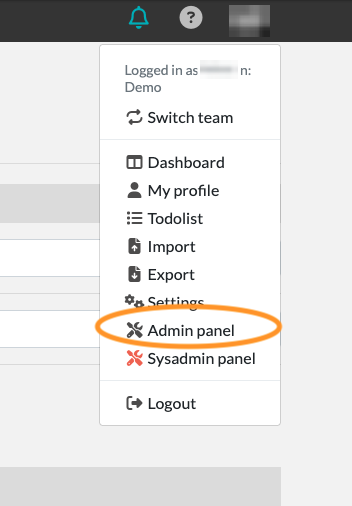 Screenshot of the user menu. "Admin panel" is listed after "Settings".